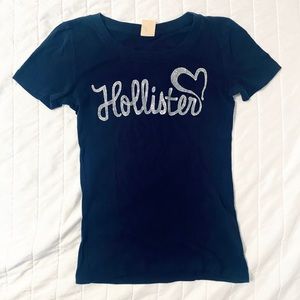 Hollister Navy Blue Glitter Logo Tee Shirt Top